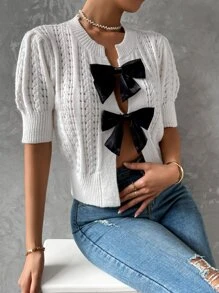 SHEIN Essnce Puff Sleeve Tie Front Pointelle Knit Cardigan - Apricot - View 5