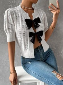 SHEIN Essnce Puff Sleeve Tie Front Pointelle Knit Cardigan - Apricot - View 6