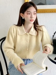 DAZY Contrast Collar Puff Sleeve Fluffy Knit Cardigan - Yellow - View 1