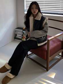 DAZY Zip Up Contrast Teddy Sleeveless PU Jacket Winter Vest - Black - View 8