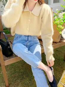 DAZY Contrast Collar Puff Sleeve Fluffy Knit Cardigan - Yellow - View 3