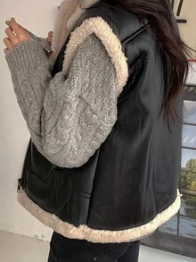 DAZY Zip Up Contrast Teddy Sleeveless PU Jacket Winter Vest - Black - View 3