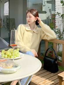 DAZY Contrast Collar Puff Sleeve Fluffy Knit Cardigan - Yellow - View 4