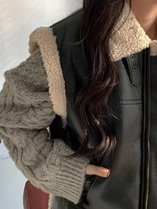 DAZY Zip Up Contrast Teddy Sleeveless PU Jacket Winter Vest - Black - View 7