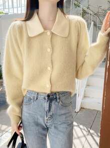 DAZY Contrast Collar Puff Sleeve Fluffy Knit Cardigan - Yellow - View 5