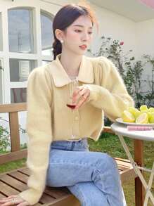 DAZY Contrast Collar Puff Sleeve Fluffy Knit Cardigan - Yellow - View 6