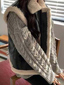 DAZY Zip Up Contrast Teddy Sleeveless PU Jacket Winter Vest - Black - View 4