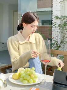 DAZY Contrast Collar Puff Sleeve Fluffy Knit Cardigan - Yellow - View 8