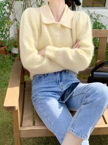 DAZY Contrast Collar Puff Sleeve Fluffy Knit Cardigan - Yellow - View 9