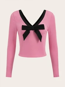 Áo thun nữ Nơ Bướm Gân đan Tương phản ràng buộc Khối Màu Thanh lịch - Hồng - Xem 1