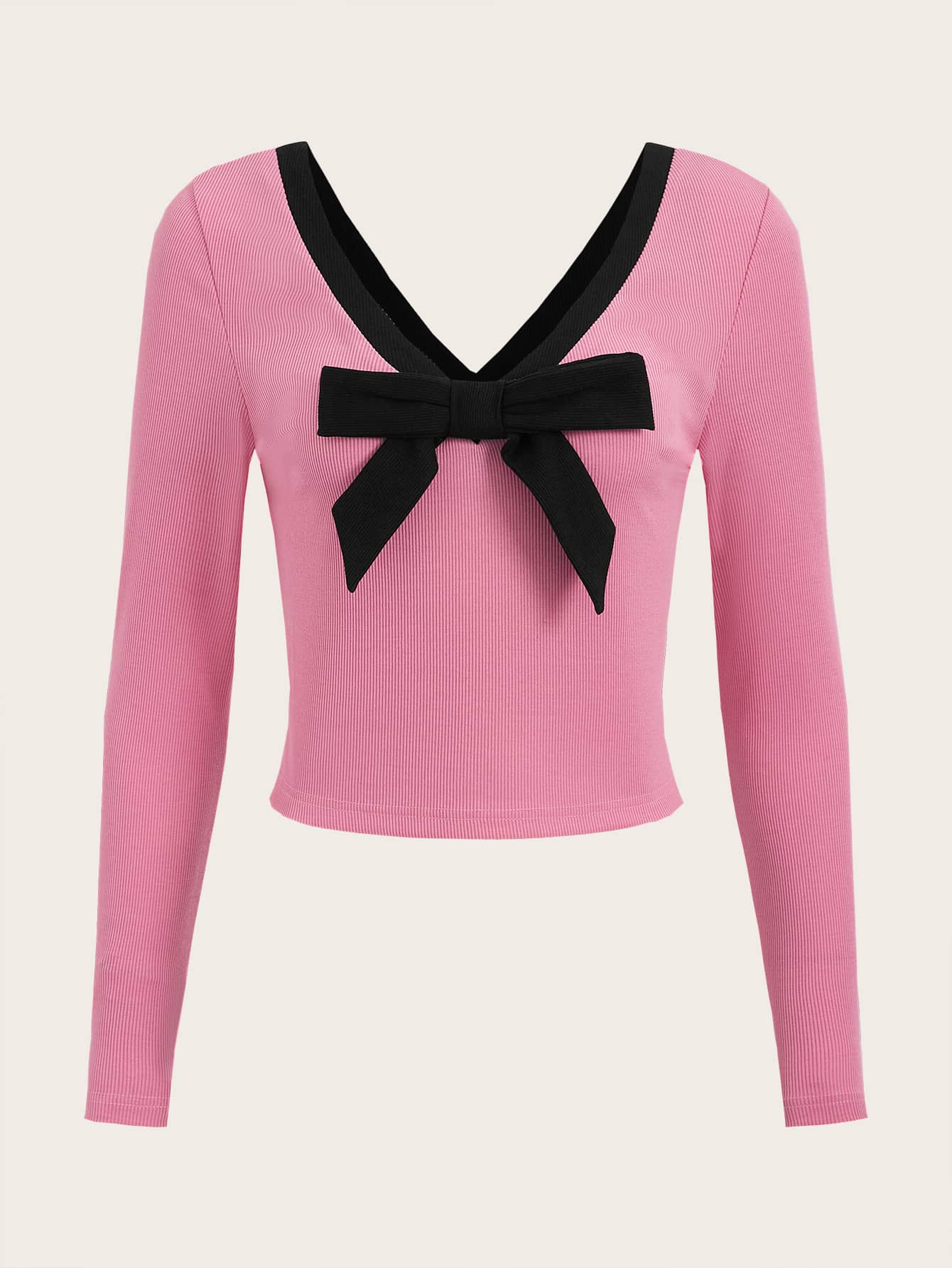 Áo thun nữ Nơ Bướm Gân đan Tương phản ràng buộc Khối Màu Thanh lịch - Hồng - Xem 1