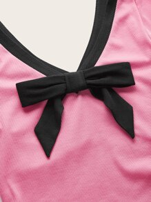 Áo thun nữ Nơ Bướm Gân đan Tương phản ràng buộc Khối Màu Thanh lịch - Hồng - Xem 3