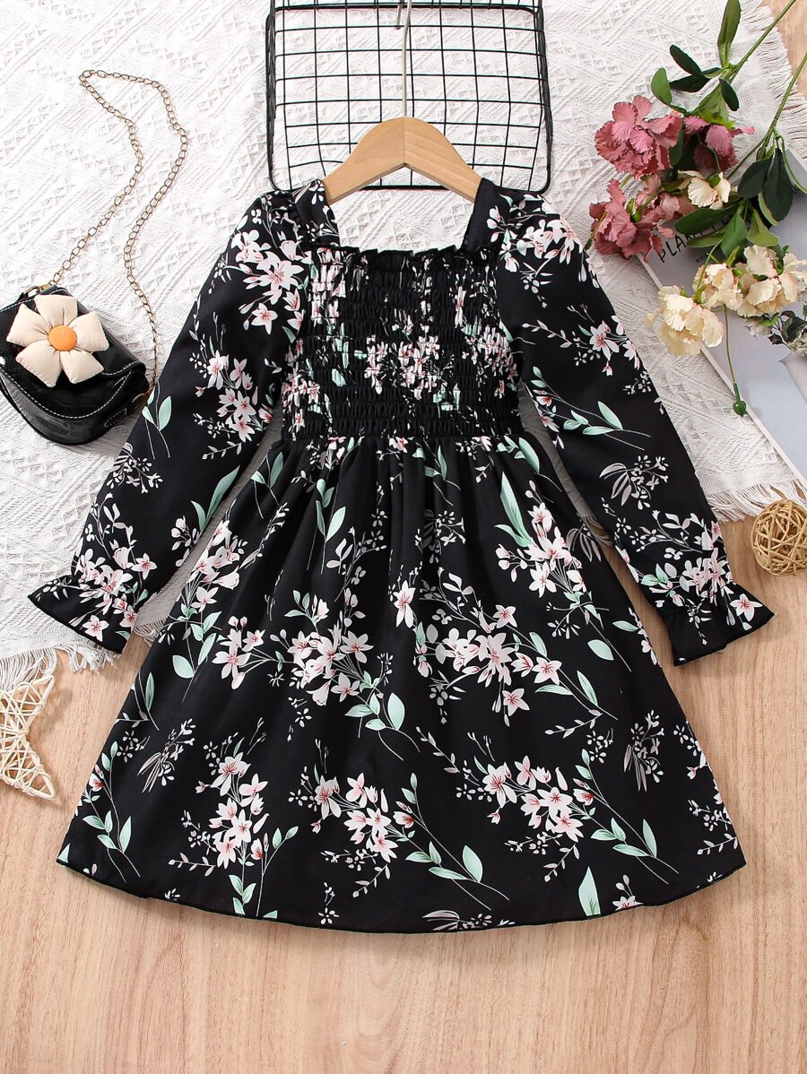 SHEIN 小女童印花褶邊荷葉袖洋裝 - 黑色 - 查看 1