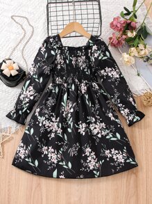 SHEIN 小女童印花褶邊荷葉袖洋裝 - 黑色 - 查看 2