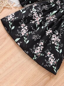 SHEIN 小女童印花褶邊荷葉袖洋裝 - 黑色 - 查看 3