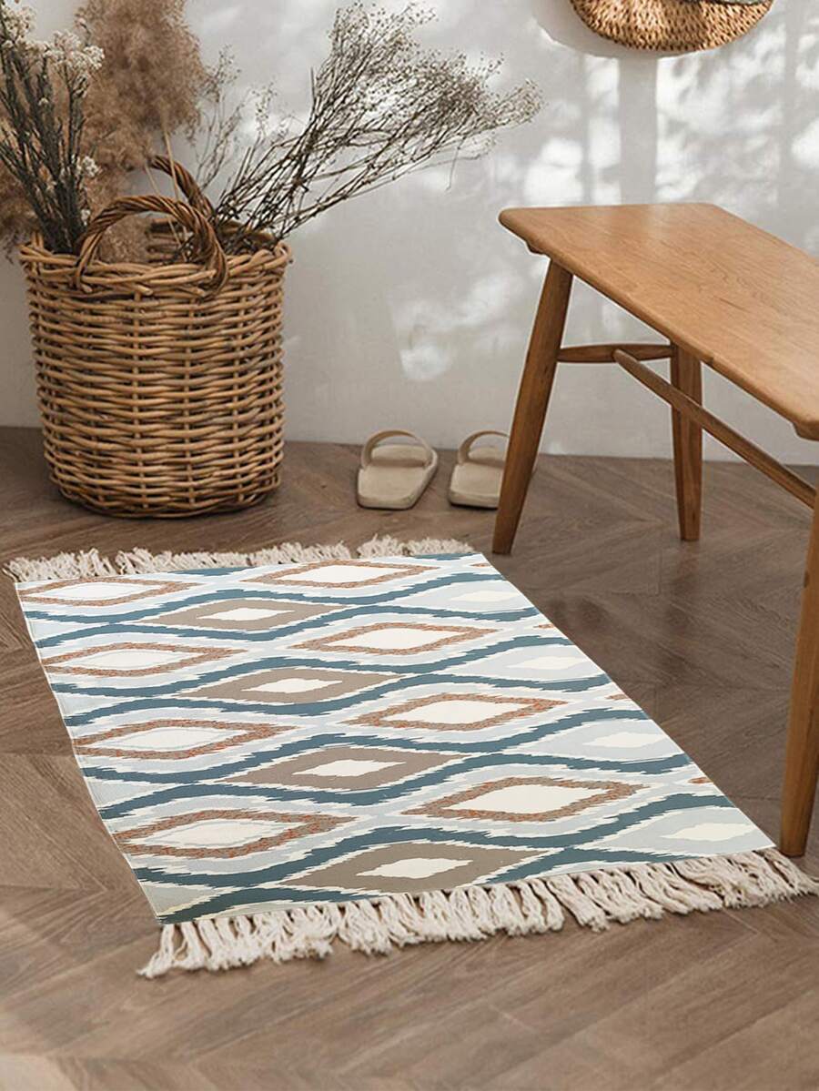 1入組滌綸地毯波西米亞幾何圖案流蘇裝飾地板地毯適用於臥室客廳 - 彩色 - 查看 1