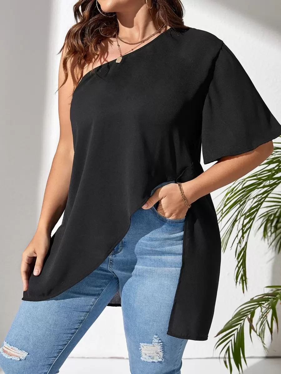 SHEIN Essnce Plus One Shoulder Asymmetrical Hem Blouse - Black - View 1
