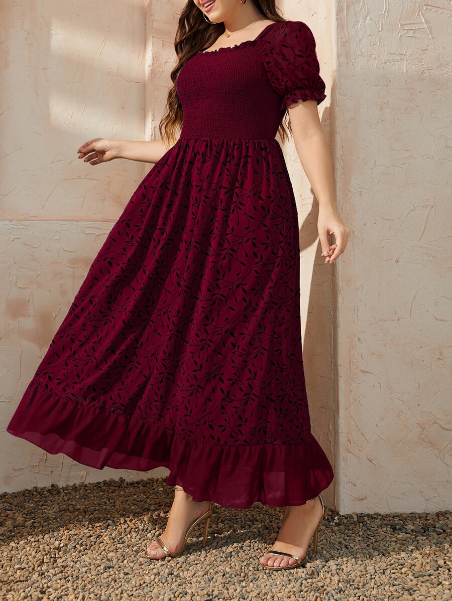 Modelyn Burgundy Red Plus Plant Print Shirred Square Neck Puff Sleeve Ruffle Hem Dress - Burgundy - View 1