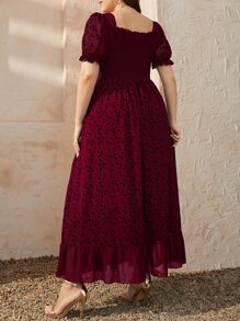 Modelyn Burgundy Red Plus Plant Print Shirred Square Neck Puff Sleeve Ruffle Hem Dress - Burgundy - View 2