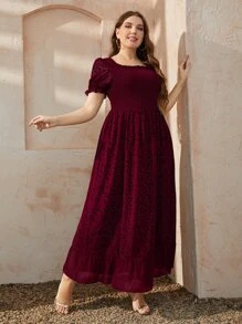 Modelyn Burgundy Red Plus Plant Print Shirred Square Neck Puff Sleeve Ruffle Hem Dress - Burgundy - View 4