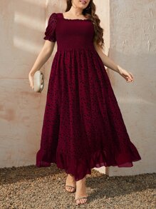Modelyn Burgundy Red Plus Plant Print Shirred Square Neck Puff Sleeve Ruffle Hem Dress - Burgundy - View 6