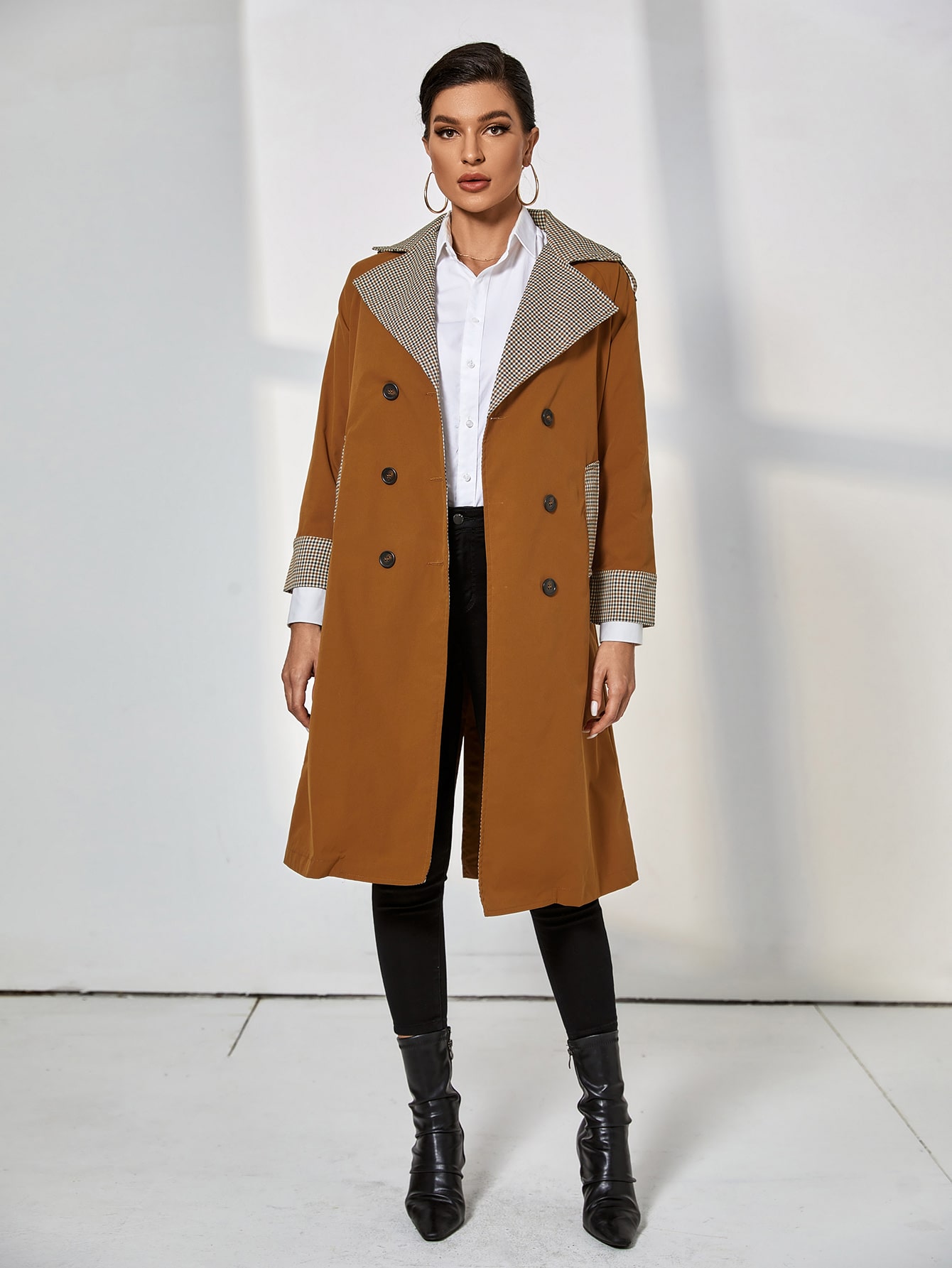 Contrast Plaid Collar Raglan Sleeve Double Breasted Trench Coat SHEIN UK