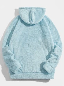 Manfinity VCAY Men Letter Embroidery Kangaroo Pocket Drawstring Teddy Hoodie - Mint Blue - View 2