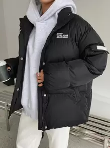 DAZY 标语刺绣抽绳下摆落肩拉链羽绒厚口袋外套，冬季女装，冬季外套女式夹克