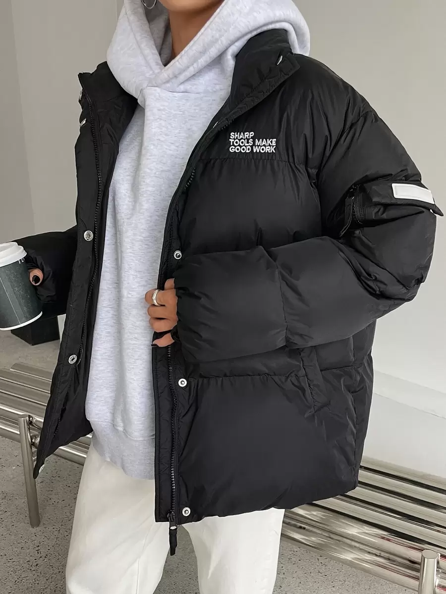 DAZY 标语刺绣抽绳下摆落肩拉链羽绒厚口袋外套，冬季女装，冬季外套女式夹克