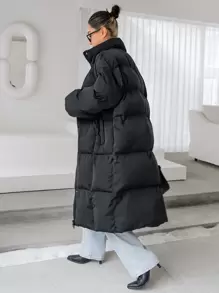 DAZY Drop Shoulder Slant Pockets Puffer Thick Pockets Coat ,Winter Women Clothes,Winter Coat Women - Black - View 2