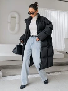 DAZY Drop Shoulder Slant Pockets Puffer Thick Pockets Coat ,Winter Women Clothes,Winter Coat Women - Black - View 1