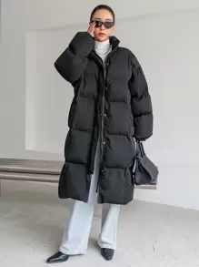 DAZY Drop Shoulder Slant Pockets Puffer Thick Pockets Coat ,Winter Women Clothes,Winter Coat Women - Black - View 4