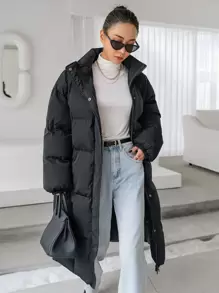 DAZY Drop Shoulder Slant Pockets Puffer Thick Pockets Coat ,Winter Women Clothes,Winter Coat Women - Black - View 6