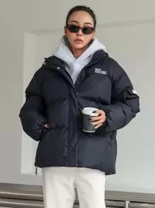 DAZY 标语刺绣抽绳下摆落肩拉链羽绒厚口袋外套，冬季女装，冬季外套女式夹克