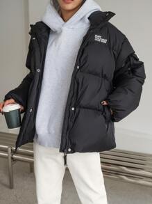 DAZY 标语刺绣抽绳下摆落肩拉链羽绒厚口袋外套，冬季女装，冬季外套女式夹克