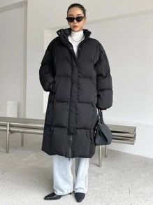 DAZY Drop Shoulder Slant Pockets Puffer Thick Pockets Coat ,Winter Women Clothes,Winter Coat Women - Black - View 7