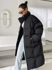 DAZY Drop Shoulder Slant Pockets Puffer Thick Pockets Coat ,Winter Women Clothes,Winter Coat Women - Black - View 8