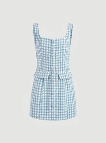 SHEIN MOD Pearls Button Plaid Tweed Pinafore Dress Without Shirt - Blue and White - View 2