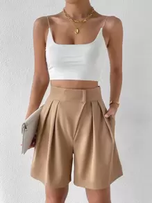 Chiquease Fold Pleated Wide Leg Shorts - Khaki - View 1