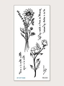 1sheet Letter & Floral Pattern Tattoo Sticker - Black - View 2