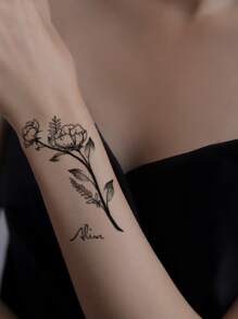 1sheet Letter & Floral Pattern Tattoo Sticker - Black - View 3