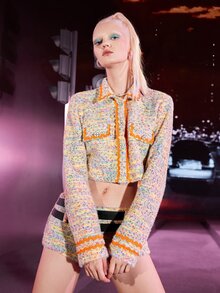 SHEIN Marled Flap Detail Crop Tweed Overcoat - Multicolor - View 4