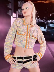 SHEIN Marled Flap Detail Crop Tweed Overcoat - Multicolor - View 7