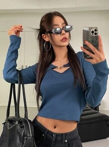 DAZY 纯色罗纹针织露背吊带上衣和高低下摆上衣秋季上衣 - 霧霾藍 - 查看 3