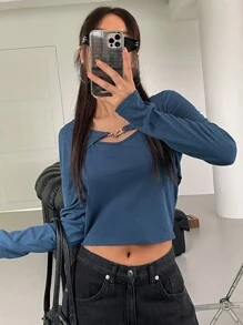 DAZY 纯色罗纹针织露背吊带上衣和高低下摆上衣秋季上衣 - 霧霾藍 - 查看 4