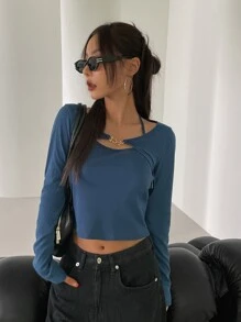 DAZY 纯色罗纹针织露背吊带上衣和高低下摆上衣秋季上衣 - 霧霾藍 - 查看 6