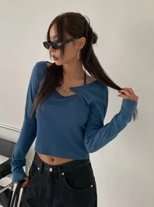 DAZY 纯色罗纹针织露背吊带上衣和高低下摆上衣秋季上衣 - 霧霾藍 - 查看 9