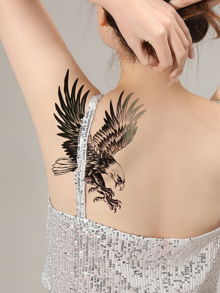 紋身貼紙，1 張鷹圖案臨時紋身女式，動物紋身貼紙成人，看起來真實假紋身，適合男士、女士和女孩 - 黑色 - 查看 1