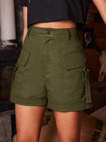 ROMWE Goth 素色口袋短褲 - 軍綠色 - 查看 1