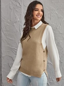SHEIN LUNE Button Side Slit Hem Sweater Vest In Fall/Winter